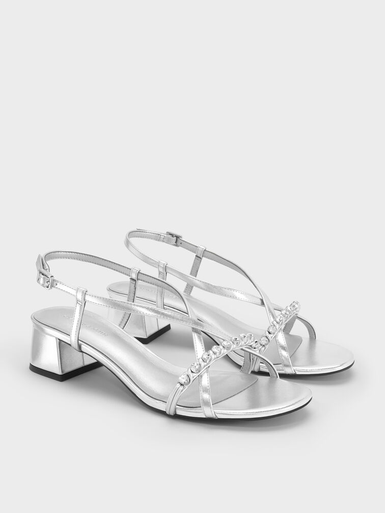Metallic Gem Heeled Slingback Sandals, Silver, hi-res