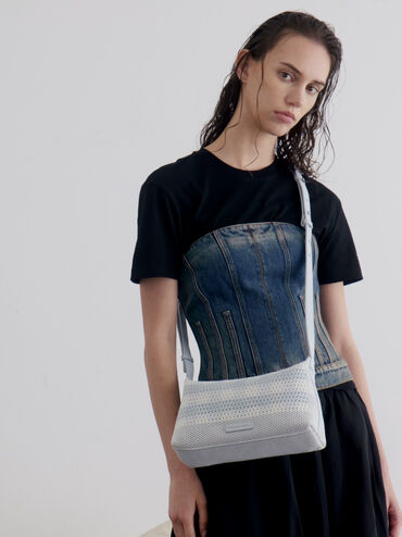 Ida Checkered Knitted Shoulder Bag, Sea Salt Blue, hi-res