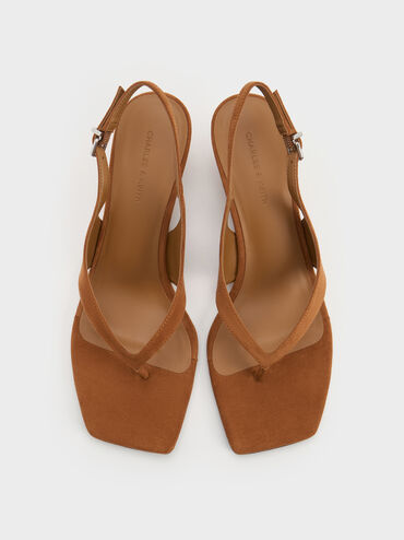 Faux Suede Slingback Thong Wedges, Cognac, hi-res
