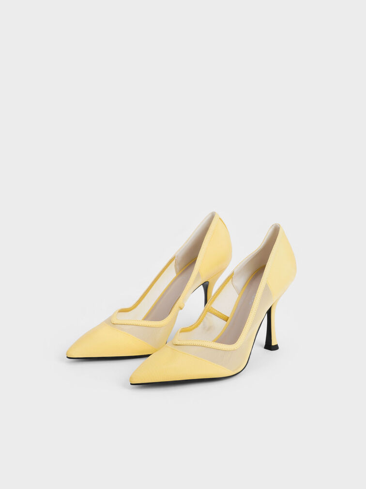 Mesh Pointed-Toe Pumps, Yellow, hi-res