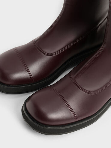 Round Toe Zip-Up Ankle Boots, Burgundy, hi-res