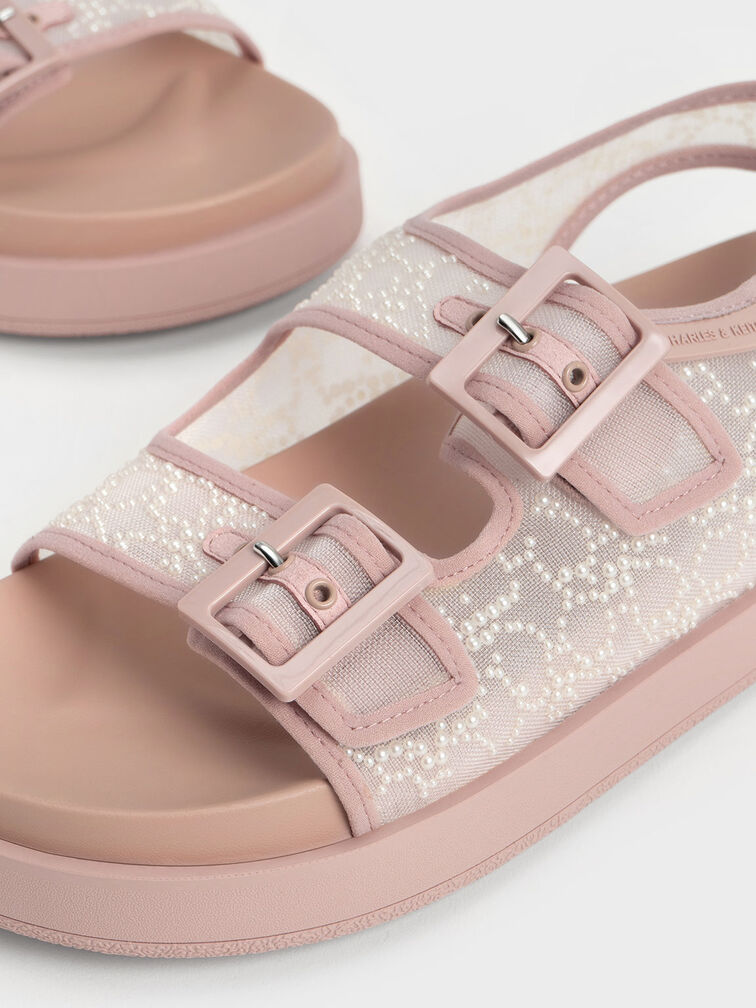 Beaded Mesh Flatform Sandals, Nude, hi-res