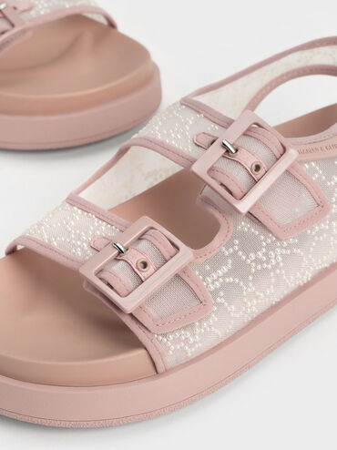Beaded Mesh Flatform Sandals, Nude, hi-res