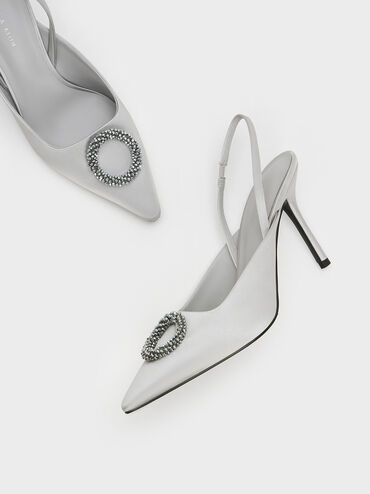 Recycled Polyester Beaded Circle Slingback Pumps, Silver, hi-res