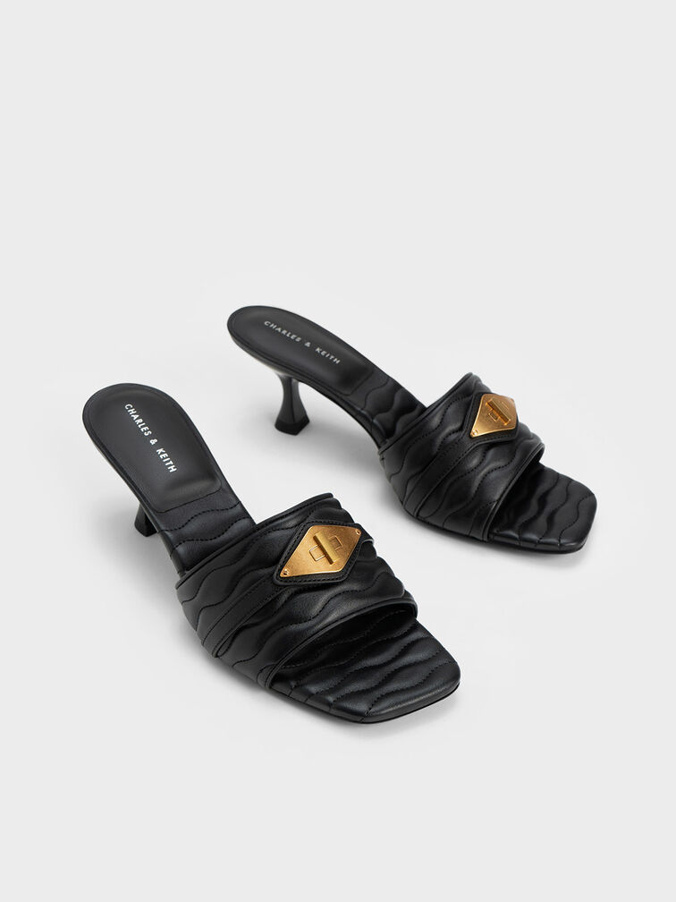 Metallic Accent Padded Heeled Mules, Black, hi-res