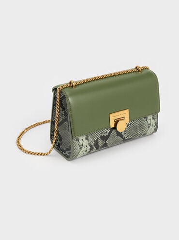 Ebba Snake Print Chain-Strap Bag, Green, hi-res