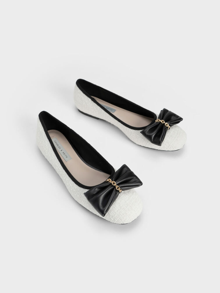 Tweed Chain-Link Bow Ballerinas, White, hi-res