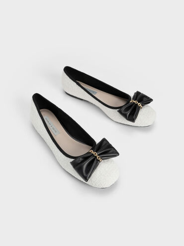 Tweed Chain-Link Bow Ballerinas, White, hi-res