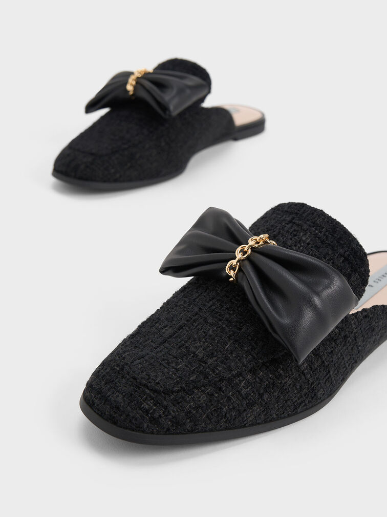 Tweed Chain-Link Bow Loafer Mules, Black Textured, hi-res