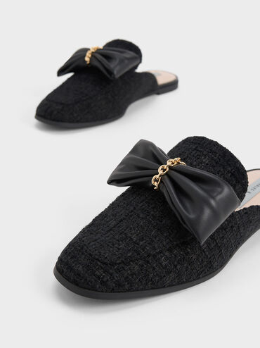 Tweed Chain-Link Bow Loafer Mules, Black Textured, hi-res