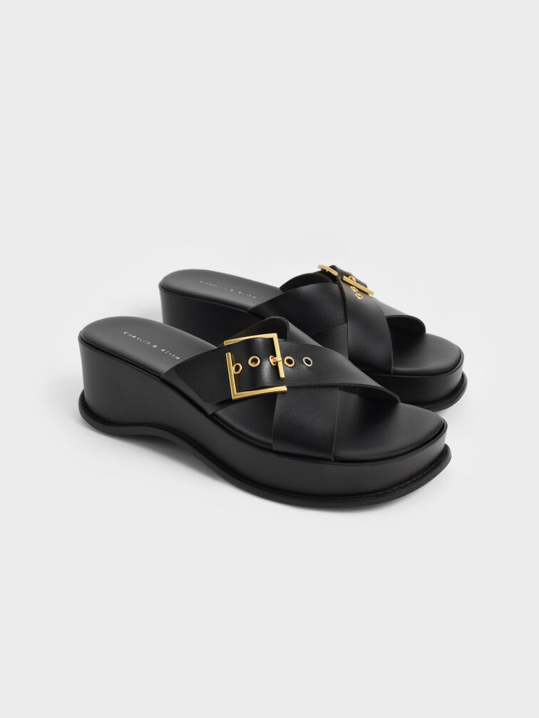 Buckled Crossover Curved Platform Sandals, Black, hi-res