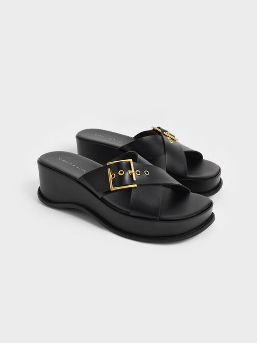 Buckled Crossover Curved Platform Sandals, Black, hi-res