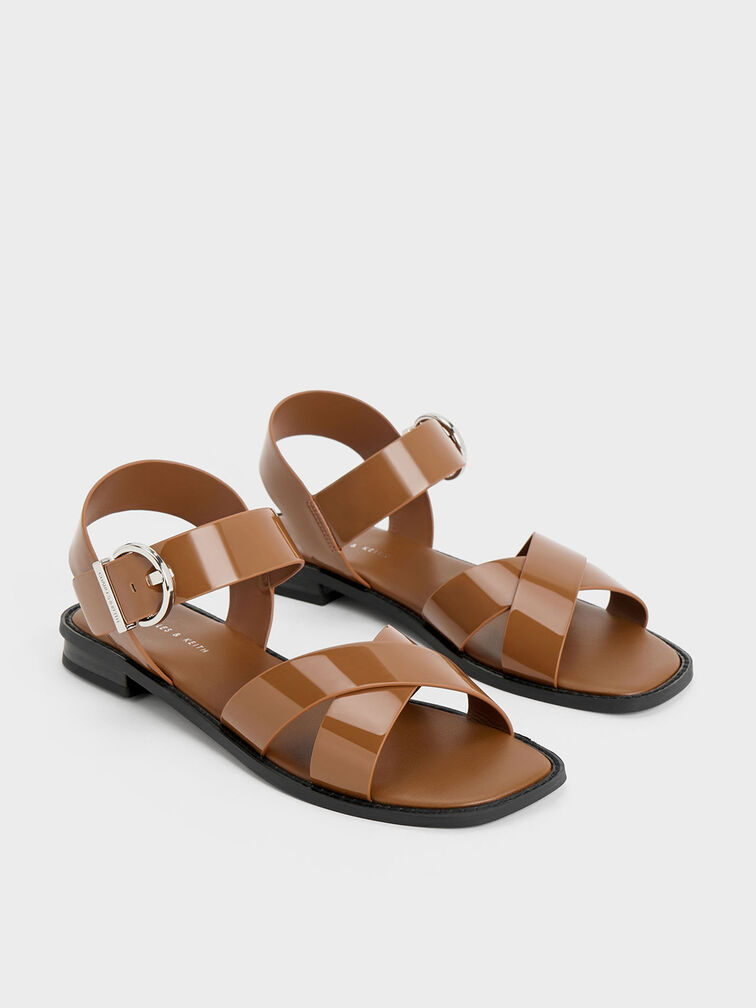 Patent Crossover Strap Sandals, Cognac, hi-res