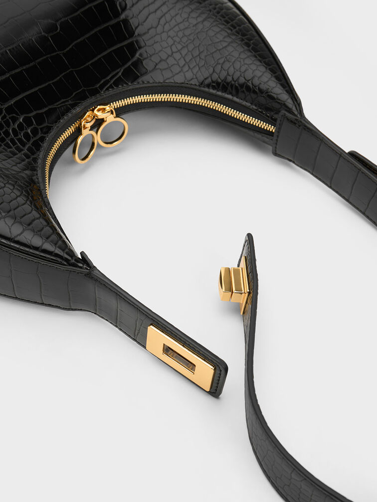 Croc-Embossed Crescent Hobo Bag, Black, hi-res