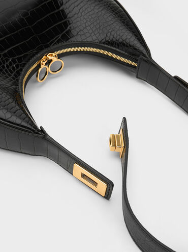 Croc-Embossed Crescent Hobo Bag, Black, hi-res