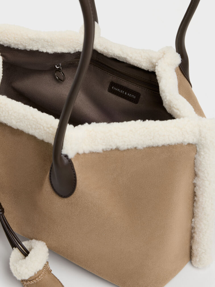 XL Cosima Fur-Trim Tote Bag, Sand, hi-res