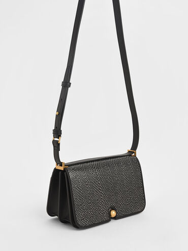 Metallic Push-Lock Snake Print Shoulder Bag, Black Textured, hi-res