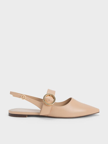 Buckled Strap Slingback Flats, Nude, hi-res