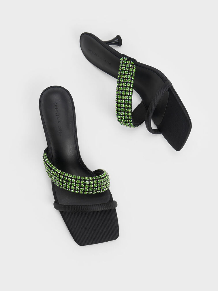 Gem Embellished Strappy Mules, Green, hi-res