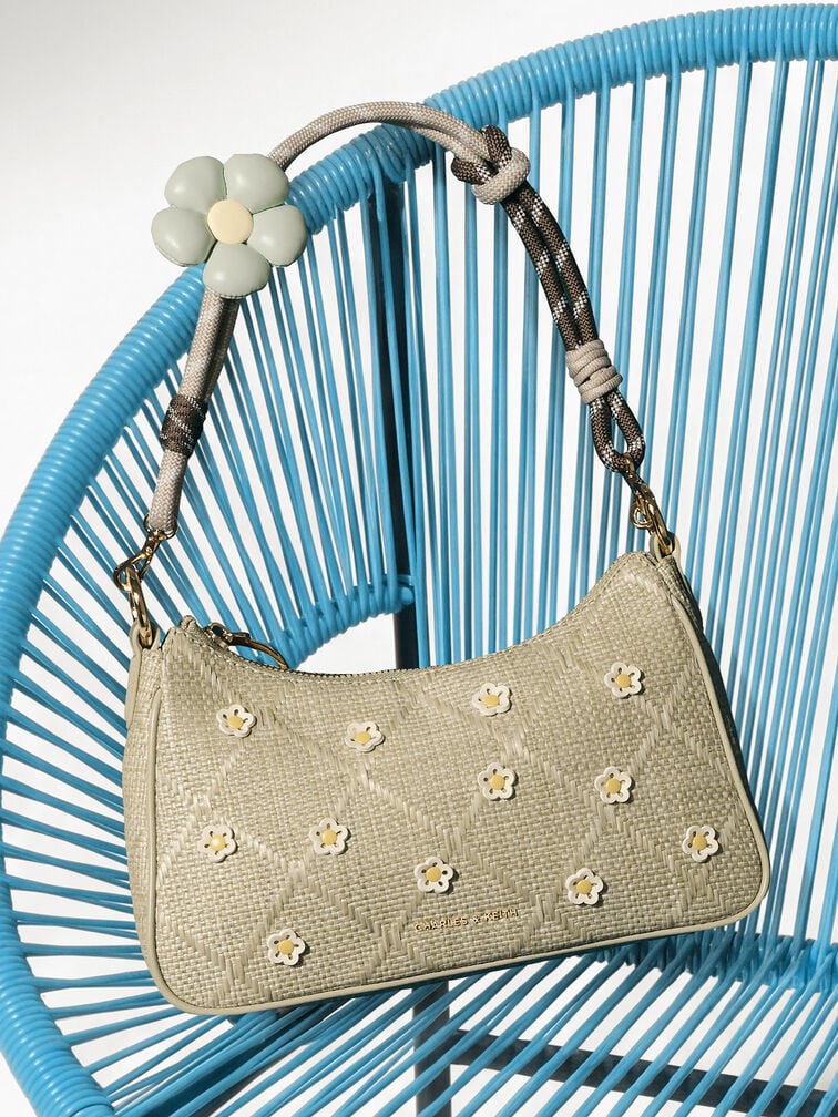 Philomena Raffia Flower Crossbody Bag, Pale Olive, hi-res