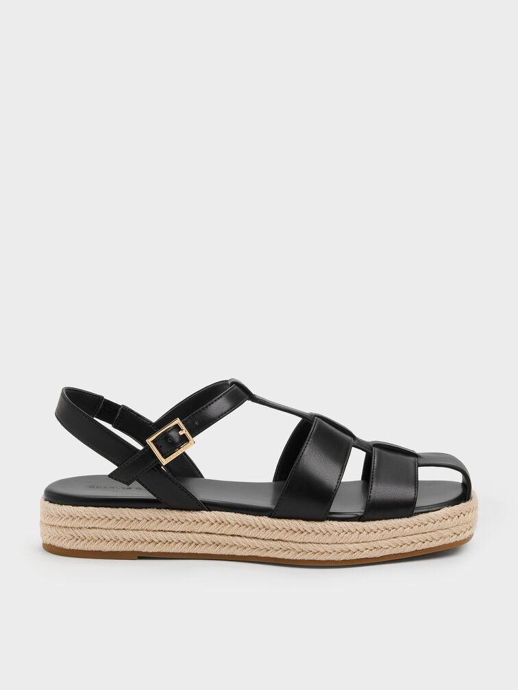 Caged Flatform Espadrille Sandals, Black, hi-res