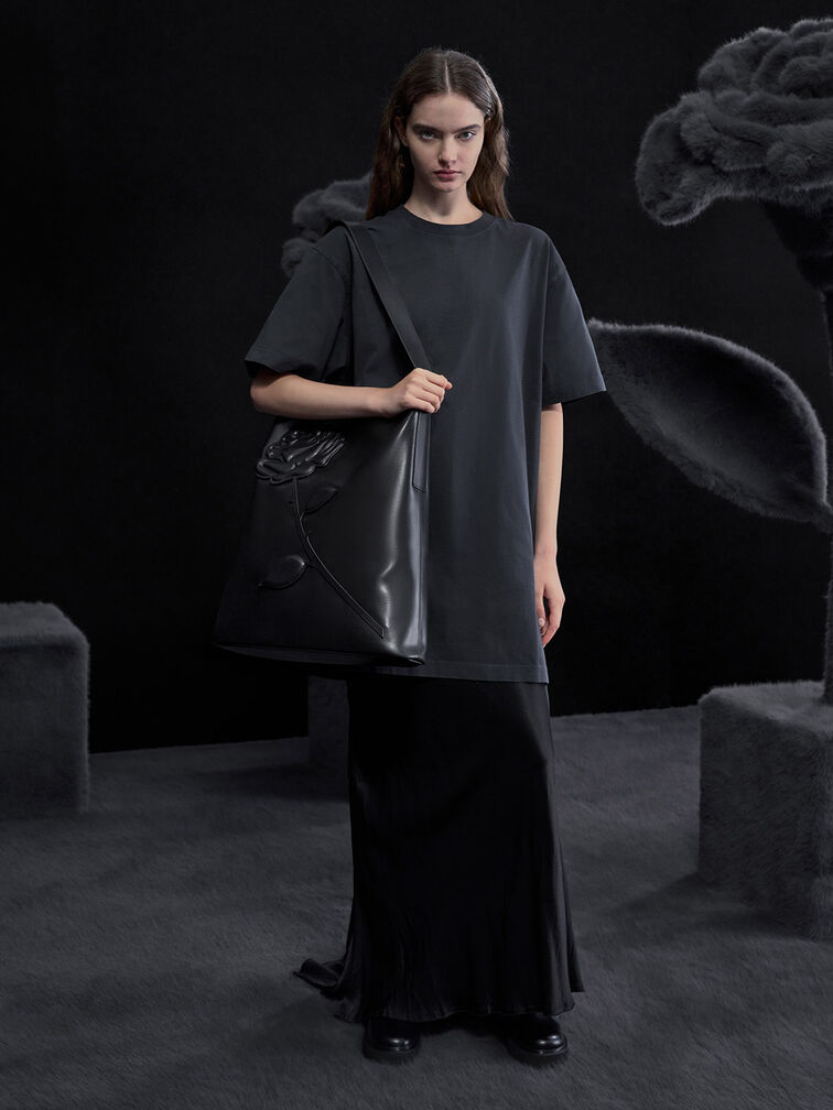 Rose-Motif Trapeze Shoulder Bag, Noir, hi-res