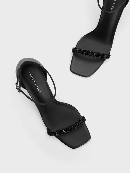 Beaded Strap Heeled Sandals, Black, hi-res