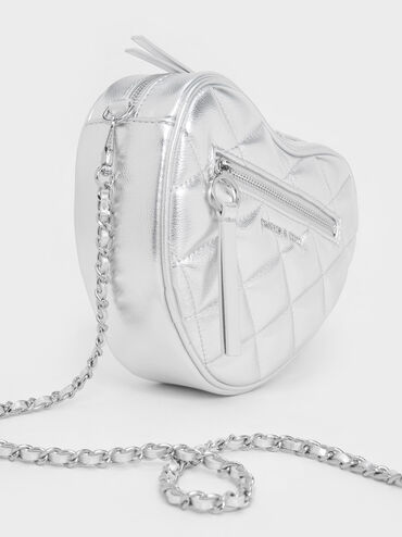 Philomena Metallic Quilted Heart Crossbody Bag, Silver, hi-res