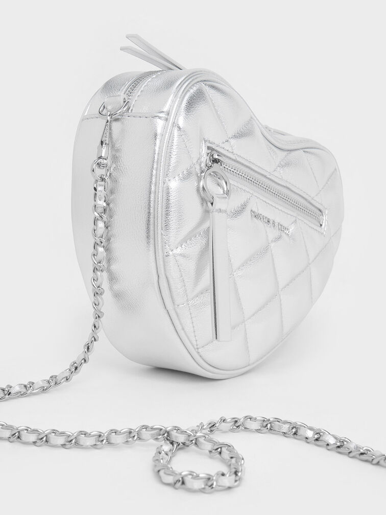 Philomena Metallic Quilted Heart Crossbody Bag, Silver, hi-res