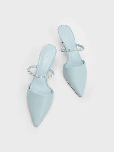 Pearl-Embellished Kitten-Heel Mules, Light Blue, hi-res