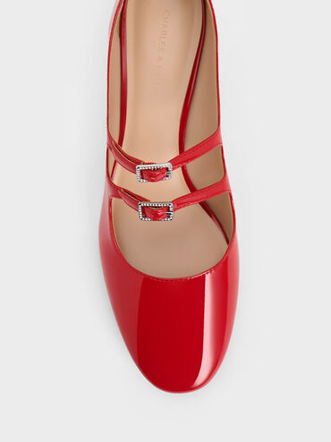 Double Crystal-Buckle Mary Jane Pumps, Red, hi-res