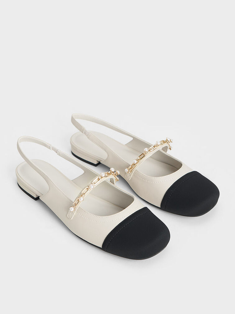 Beaded Chain-Link Slingback Flats, Chalk, hi-res