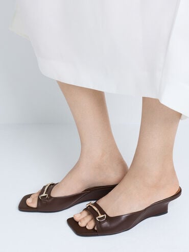 Erinna Metallc-Accent Wedge Mules, Dark Brown, hi-res