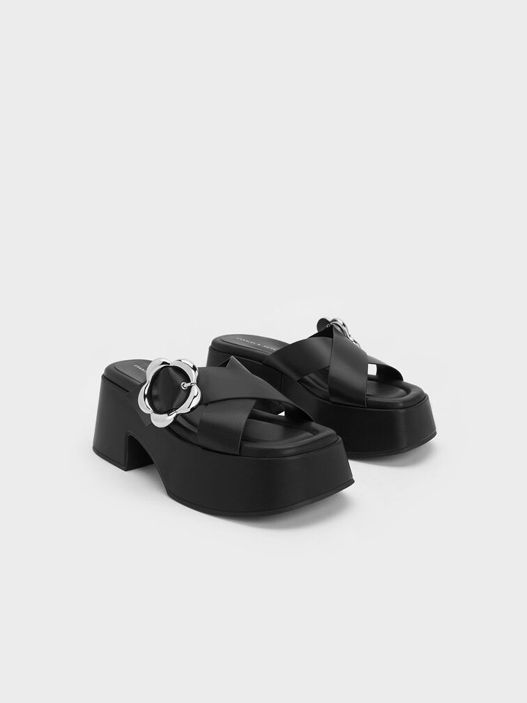 Flower-Buckle Crossover Platform Mules, Black, hi-res