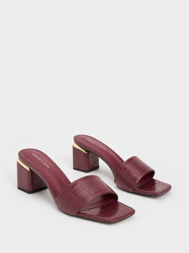 Croc-Effect Square Block Heel Mules, Animal Print Burgundy, hi-res