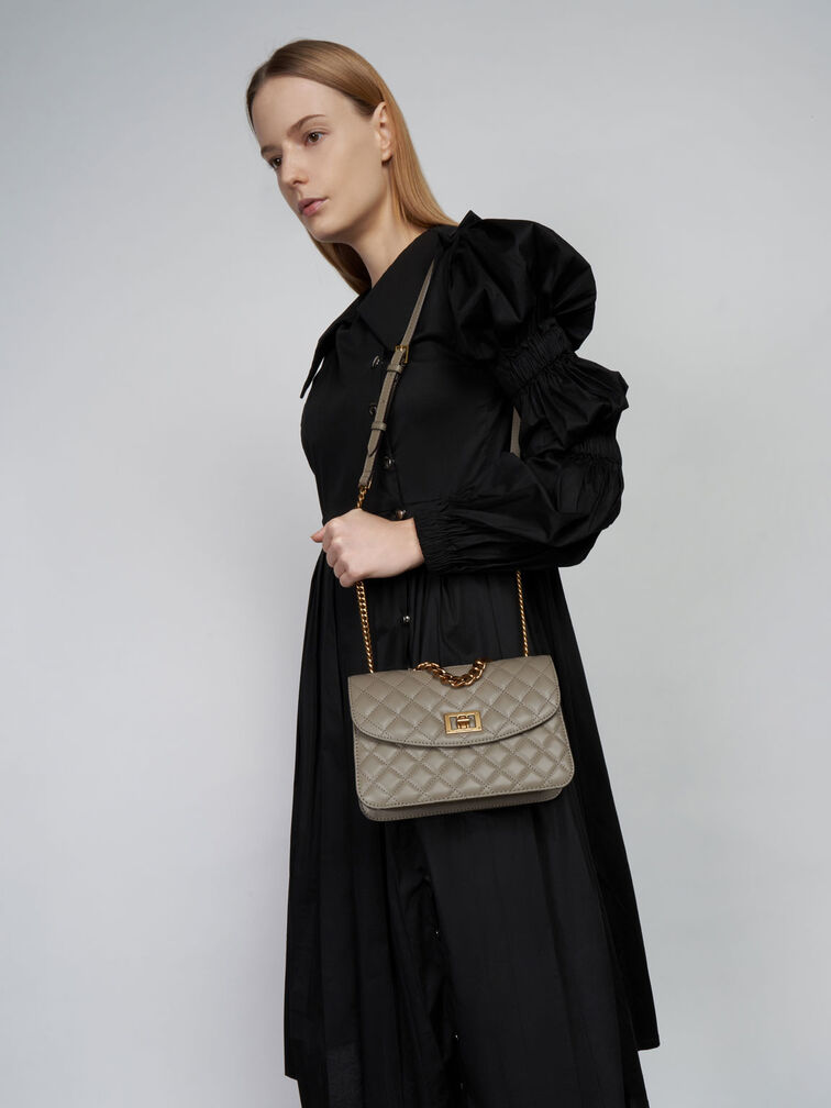 Quilted Chain Bag, Taupe, hi-res