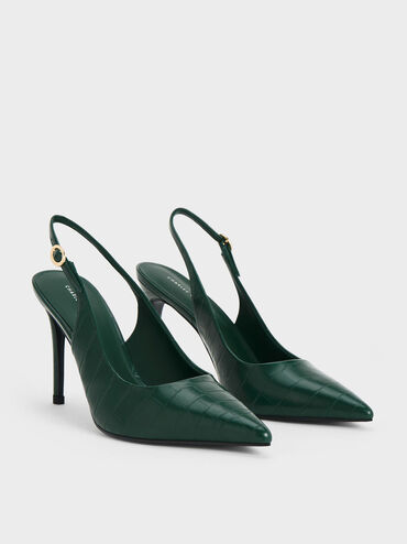 Croc-Embossed Stiletto Heel Slingback Pumps, Animal Print Dark Green, hi-res