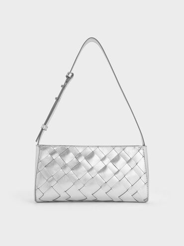 Ivette Metallic Woven Elongated Shoulder Bag, Silver, hi-res