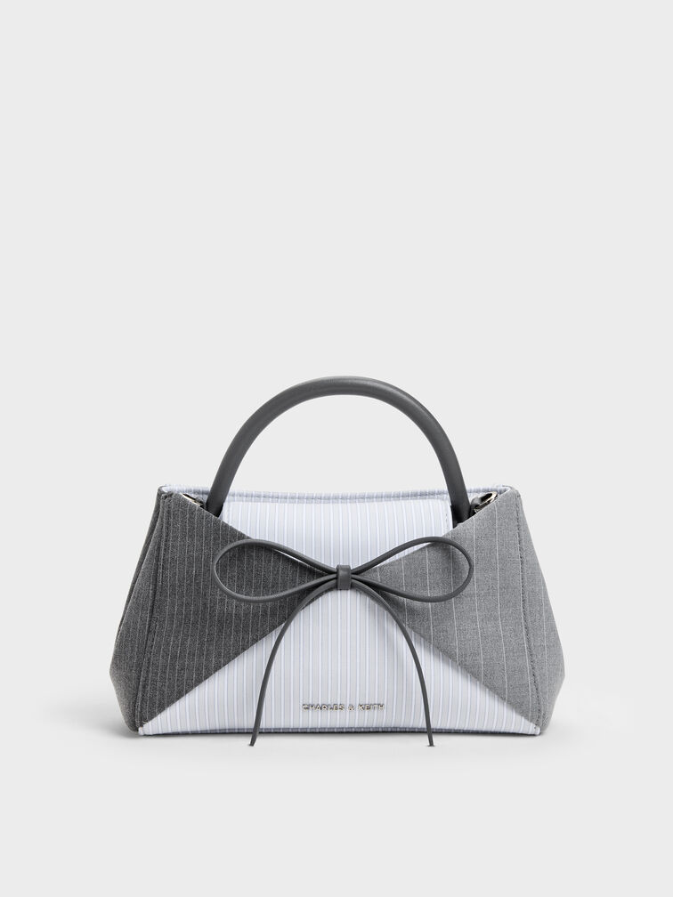 Hazel Striped Bow Panelled Top Handle Bag, Grey, hi-res
