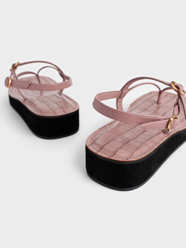 Croc-Effect Strappy Flatform Thong Sandals, Pink, hi-res