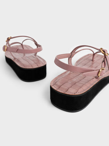 Croc-Effect Strappy Flatform Thong Sandals, Pink, hi-res