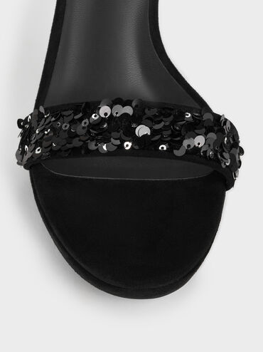 Sequinned Ankle-Strap Stiletto Sandals, Black Textured, hi-res