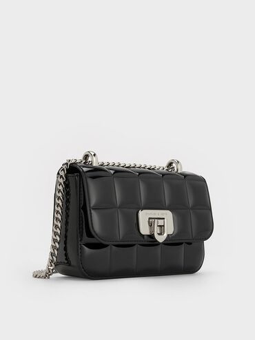 Patent Square-Quilted Chain-Handle Bag, Noir, hi-res