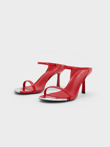 Metallic Cap Stiletto Heel Mules, Red, hi-res