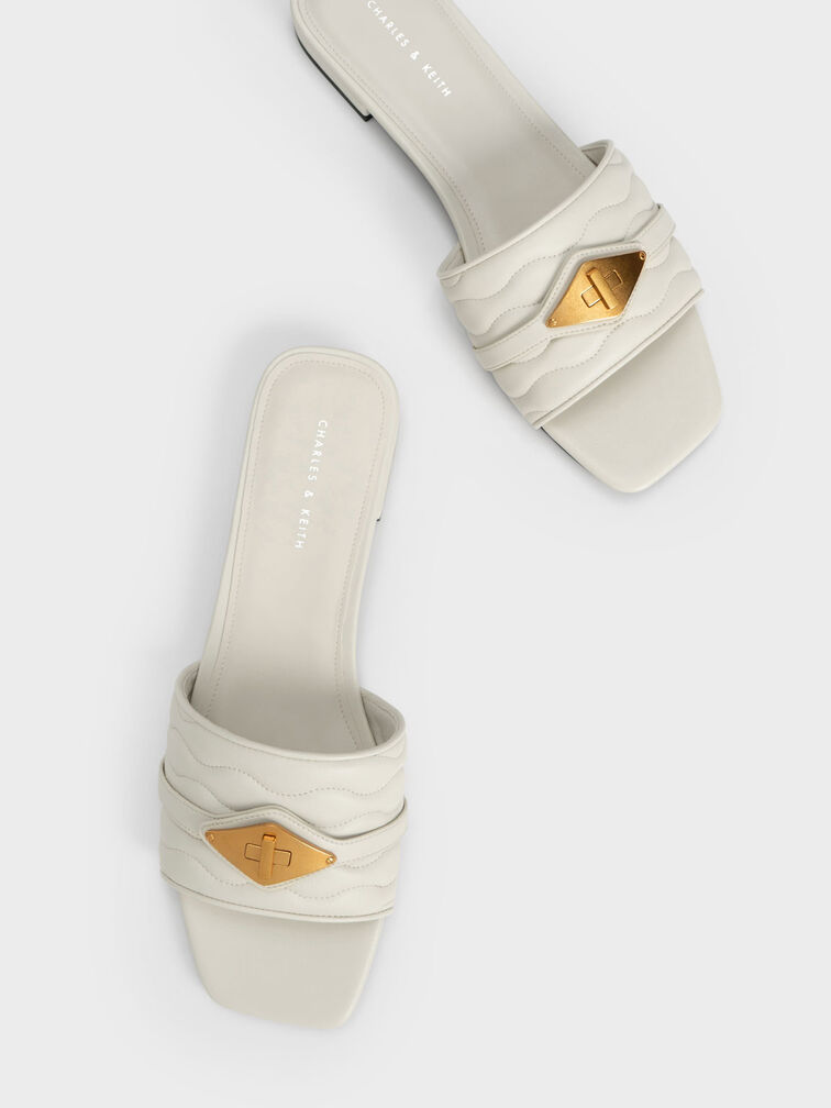 Metallic Buckle Textured Slides, Chalk, hi-res