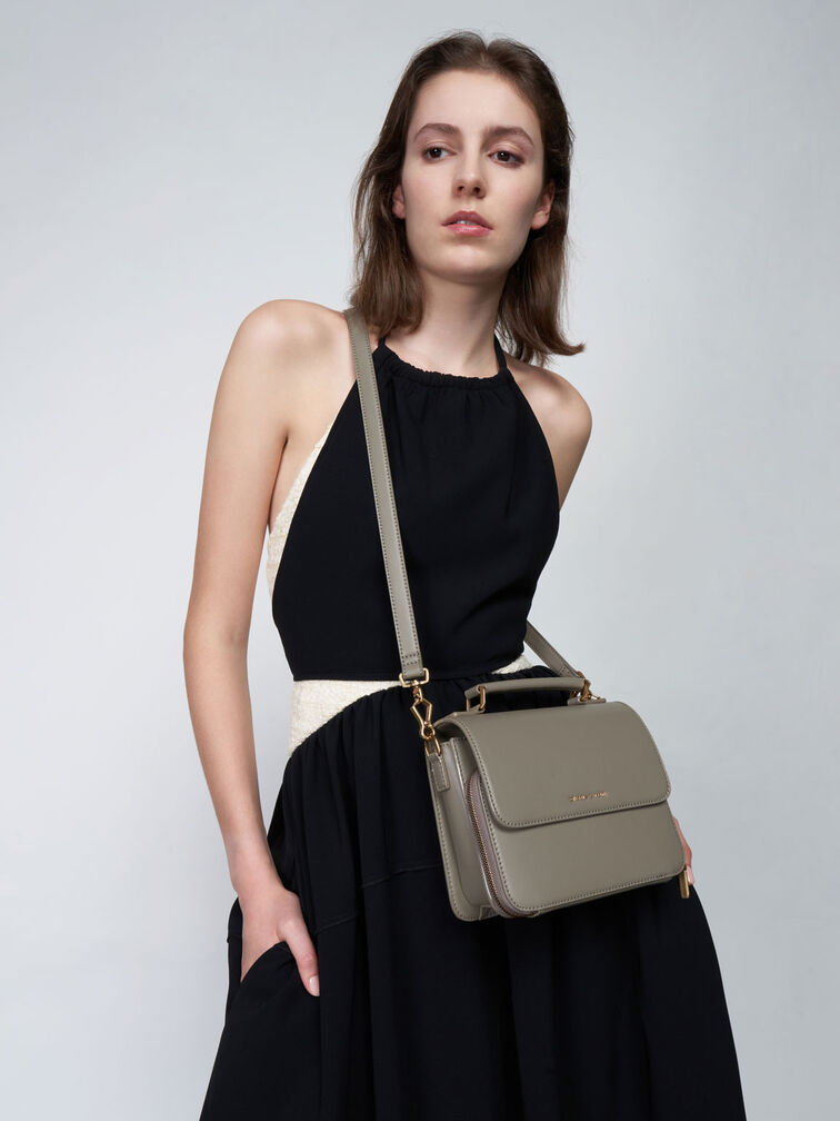 Front Flap Top Handle Crossbody Bag, Taupe, hi-res