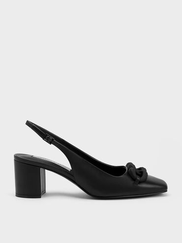 Chunky Chain-Link Slingback Pumps, Black, hi-res