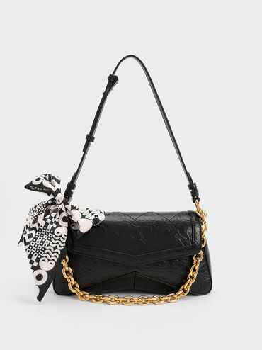 Arley Scarf Chain-Link Trapeze Bag, Black, hi-res