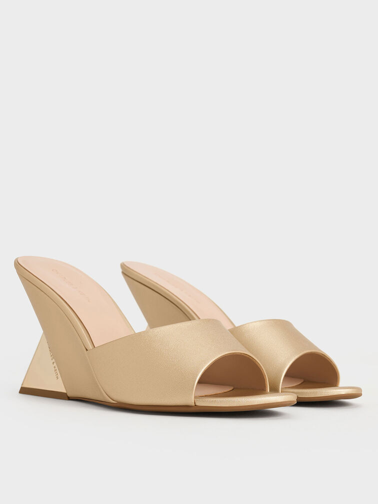 Triangle-Heel Wedge Mules, Gold, hi-res