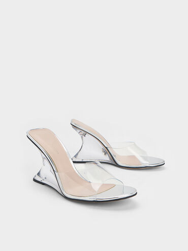 Metallic Sculptural Heel Wedges, Silver, hi-res